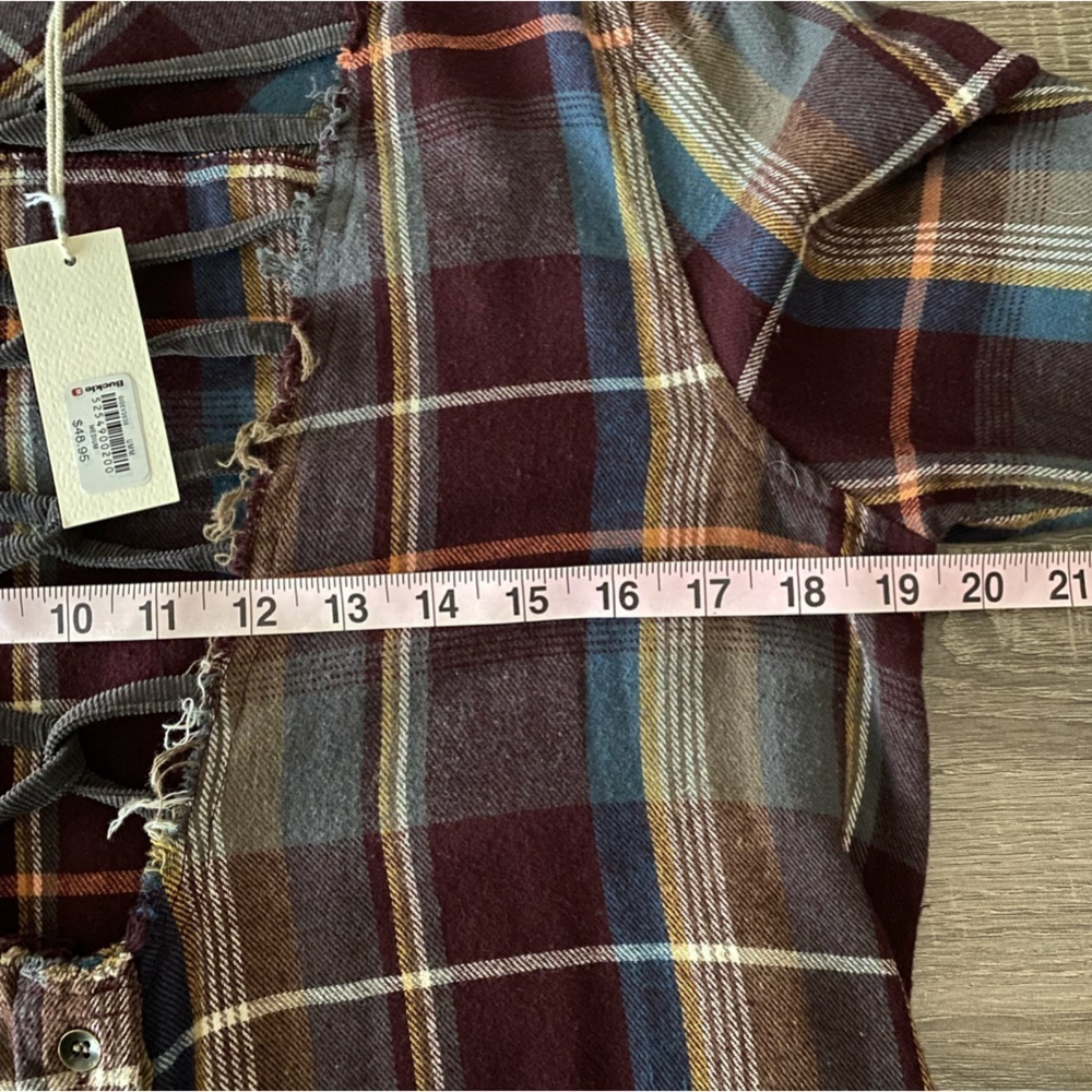 Gilded Intent Plaid Distressed Button Up Crisscross Flannel - Picture 7 of 8